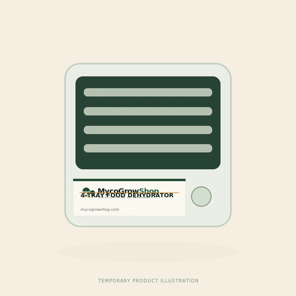 Temporary branded illustration of 4-Tray Food Dehydrator with the MycoGrowShop logo printed on its packaging