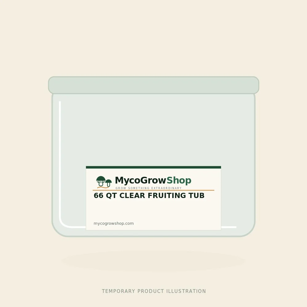 Temporary branded illustration of 66 qt Clear Fruiting Tub with the MycoGrowShop logo printed on its packaging