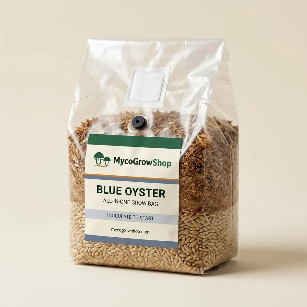 Original product visualization of Blue Oyster All-In-One Mushroom Grow Bag with the MycoGrowShop logo printed on its packaging