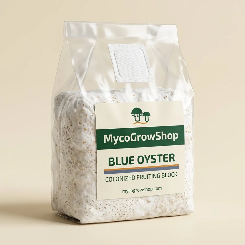 Original product visualization of Blue Oyster Colonized Fruiting Block with the MycoGrowShop logo printed on its packaging
