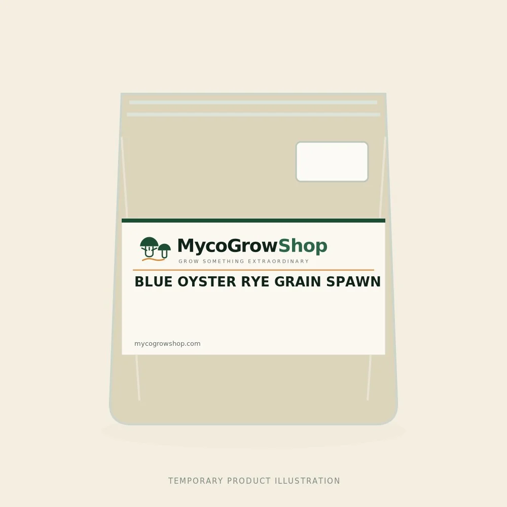 Temporary branded illustration of Blue Oyster Rye Grain Spawn with the MycoGrowShop logo printed on its packaging