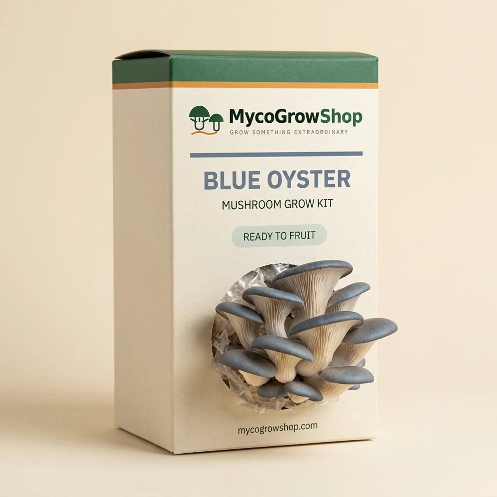 Original product visualization of Blue Oyster Mushroom Grow Kit with the MycoGrowShop logo printed on its packaging