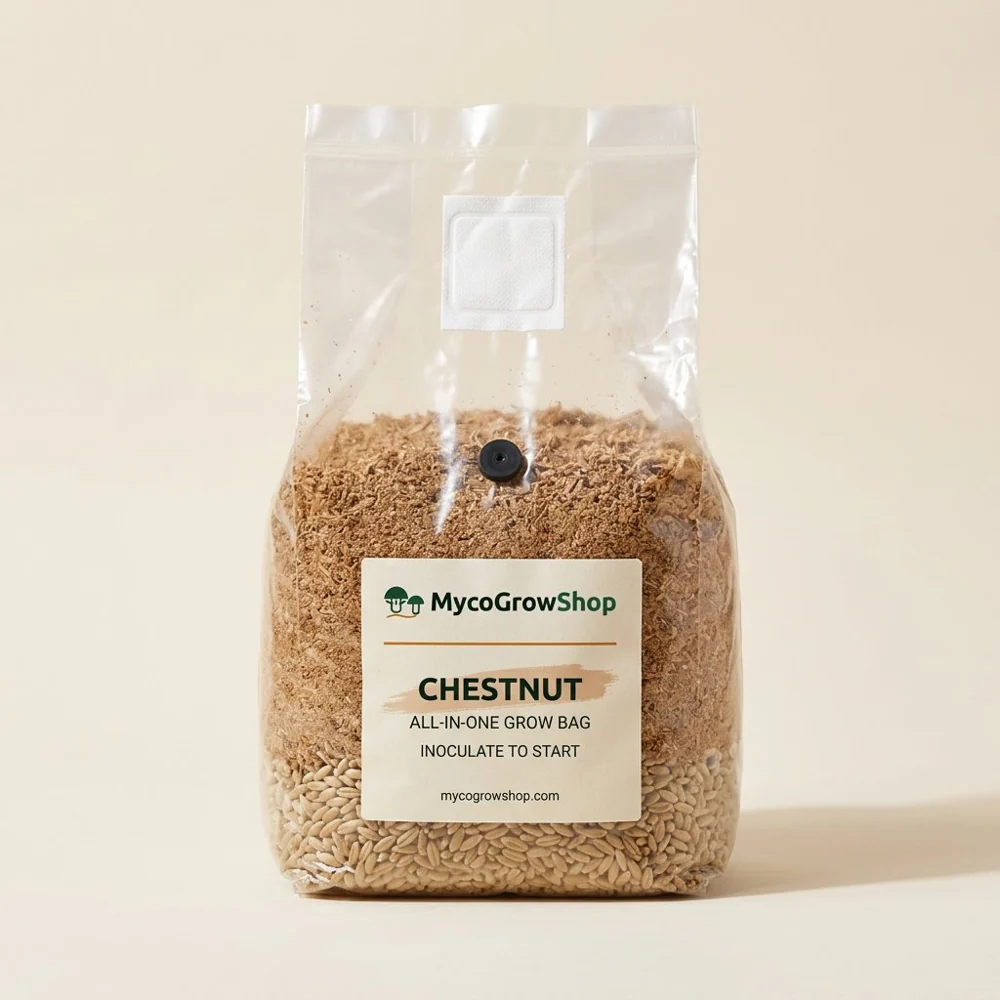 Original product visualization of Chestnut All-In-One Mushroom Grow Bag with the MycoGrowShop logo printed on its packaging