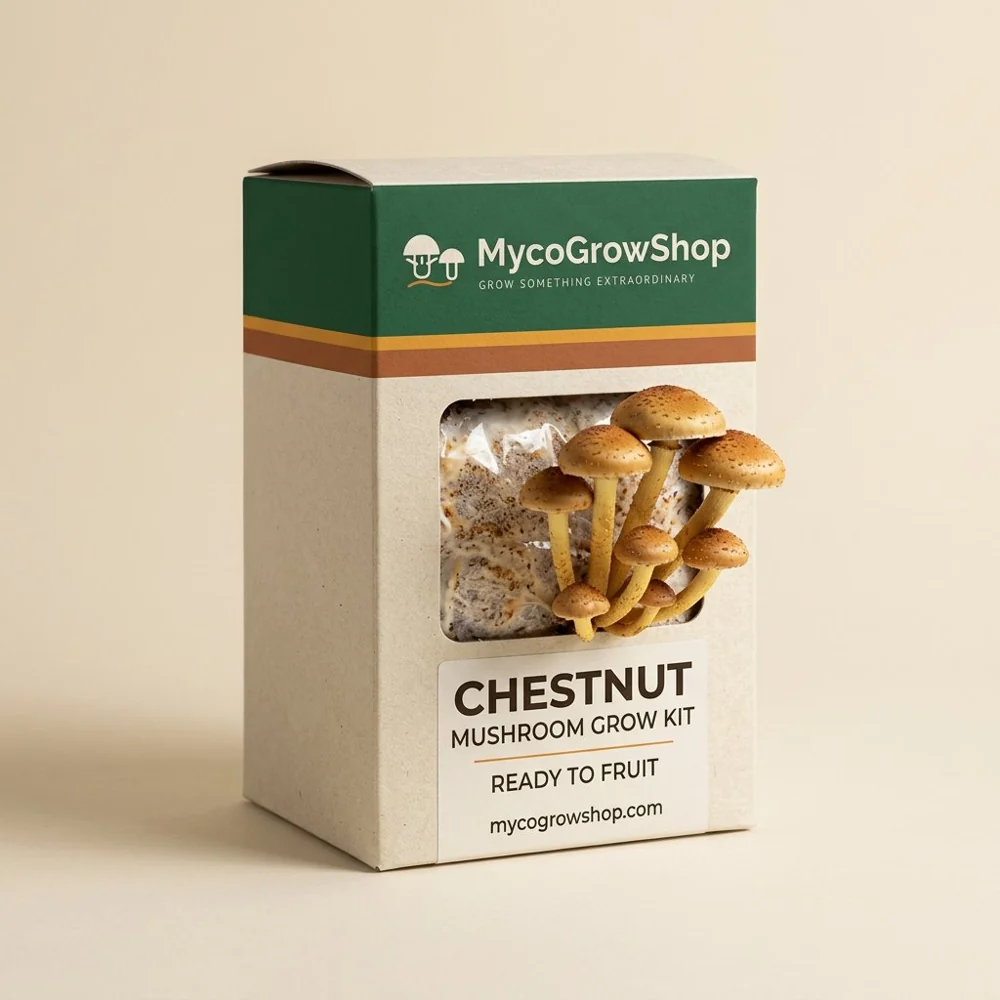 Original product visualization of Chestnut Mushroom Grow Kit with the MycoGrowShop logo printed on its packaging