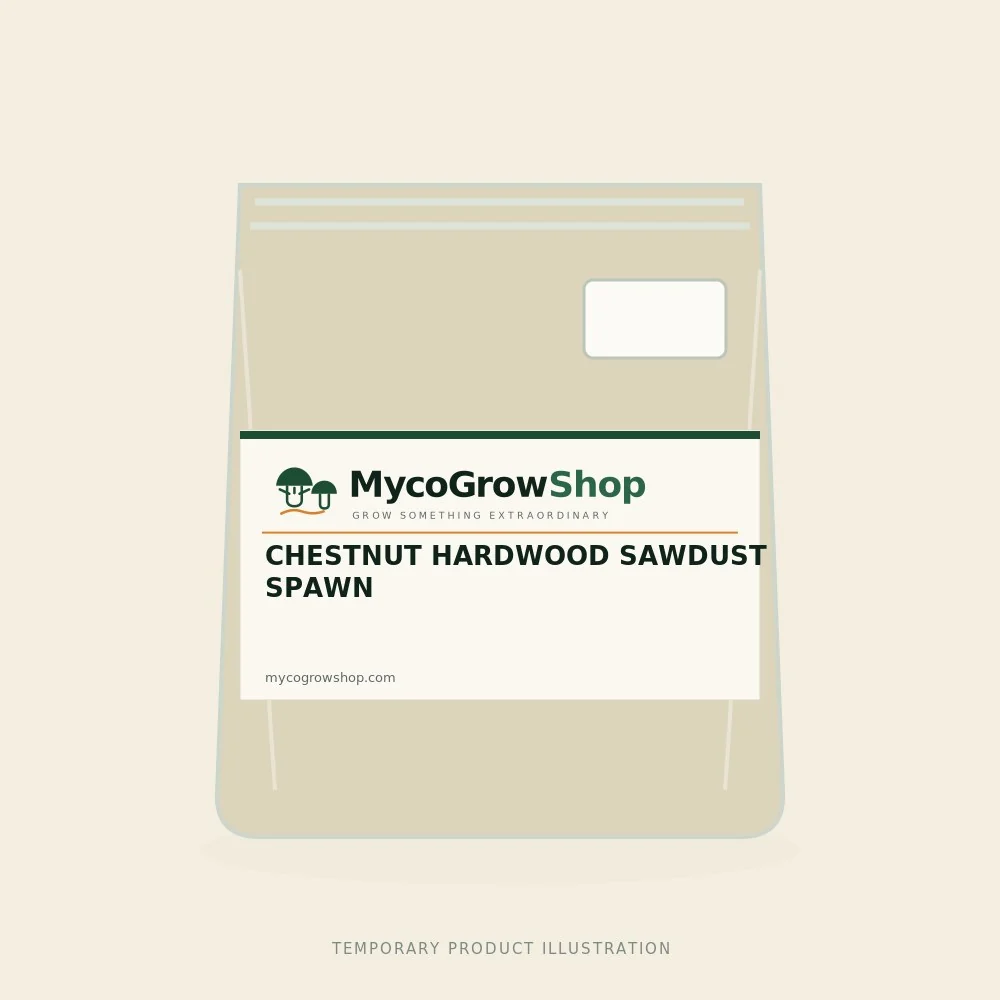 Temporary branded illustration of Chestnut Hardwood Sawdust Spawn with the MycoGrowShop logo printed on its packaging