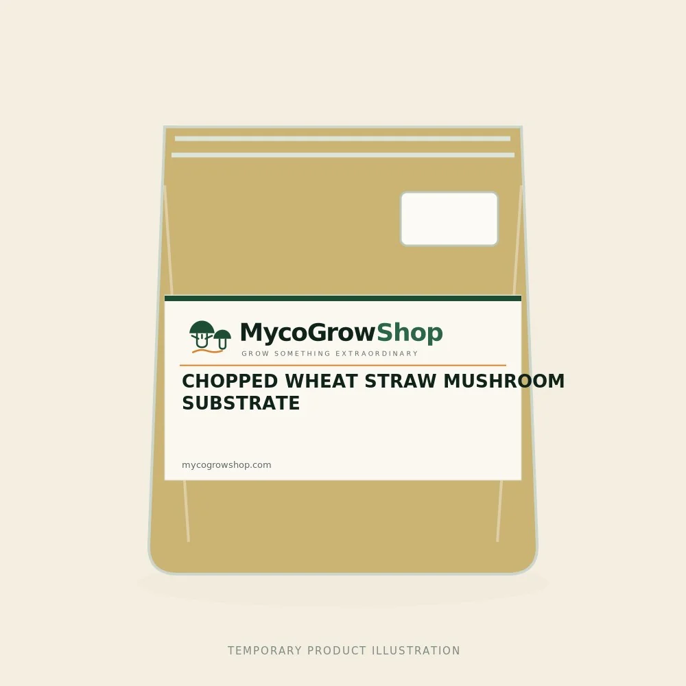 Temporary branded illustration of Chopped Wheat Straw Mushroom Substrate with the MycoGrowShop logo printed on its packaging