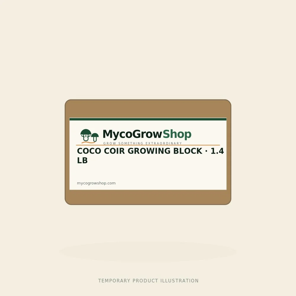 Temporary branded illustration of Coco Coir Growing Block — 1.4 lb with the MycoGrowShop logo printed on its packaging