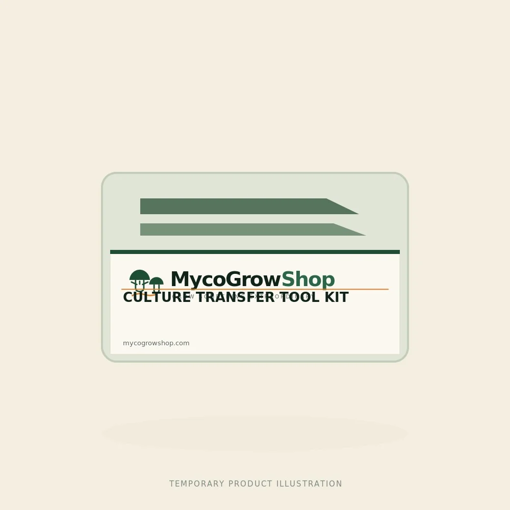 Temporary branded illustration of Culture Transfer Tool Kit with the MycoGrowShop logo printed on its packaging