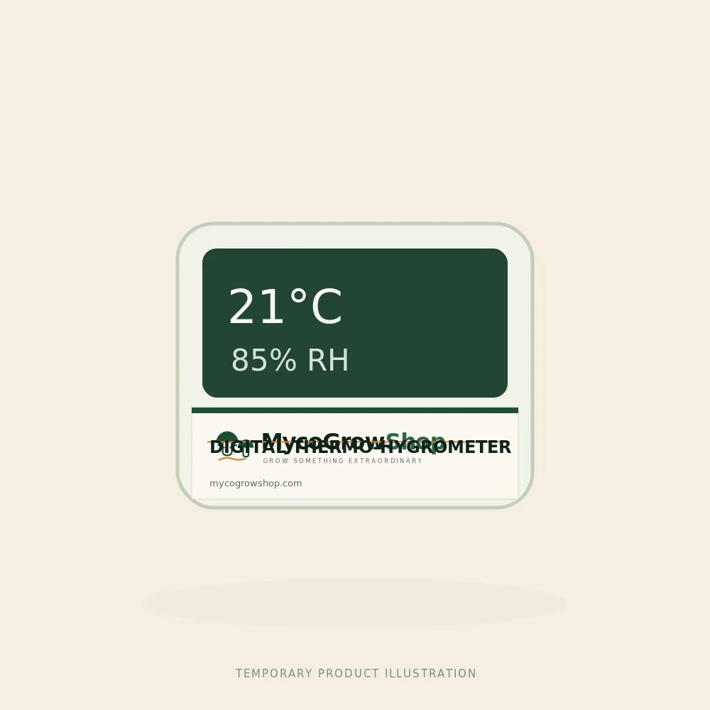 Temporary branded illustration of Digital Thermo-Hygrometer with the MycoGrowShop logo printed on its packaging
