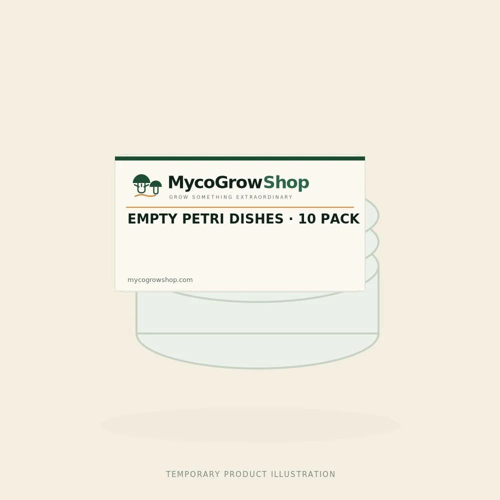 Temporary branded illustration of Empty Petri Dishes — 10 Pack with the MycoGrowShop logo printed on its packaging