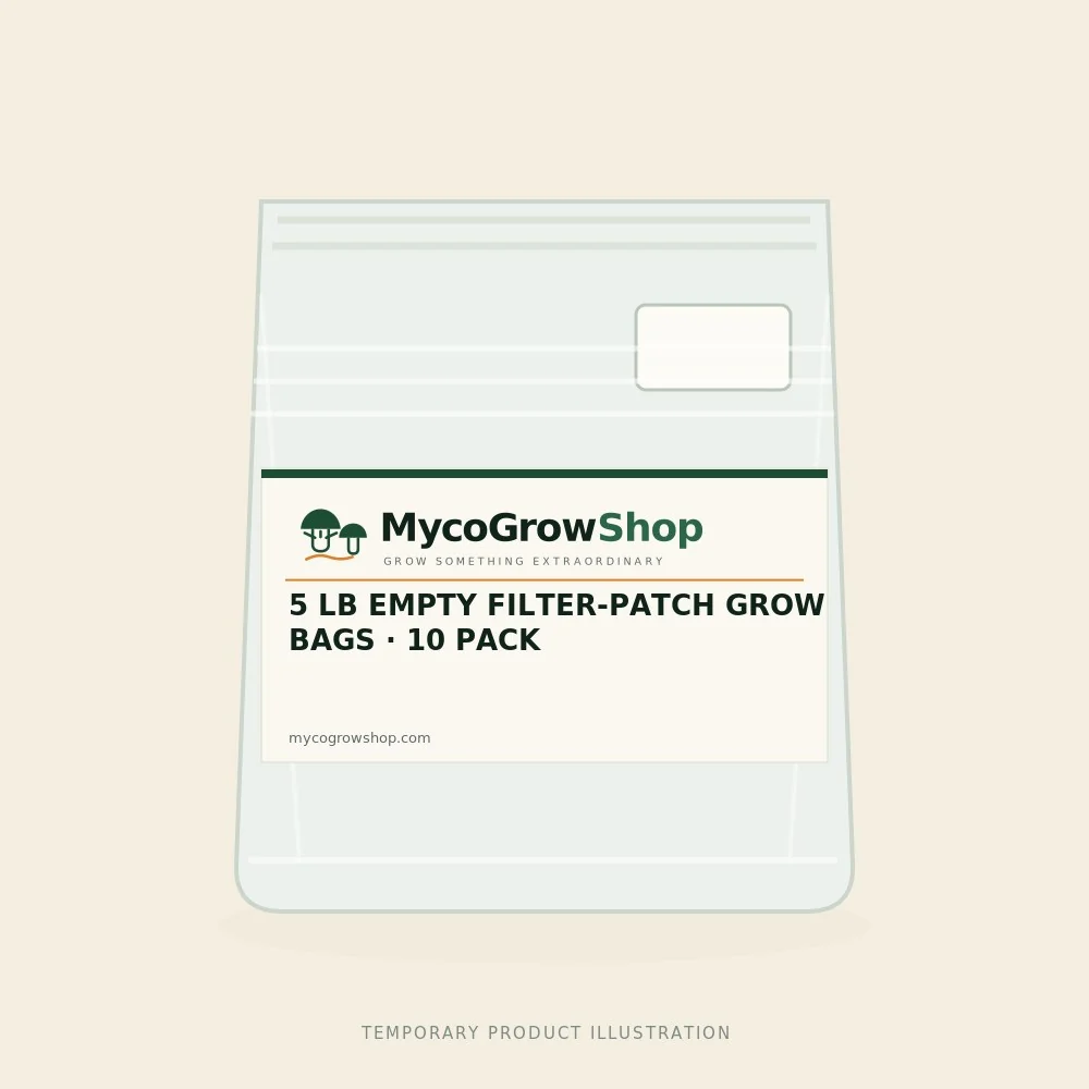 Temporary branded illustration of 5 lb Empty Filter-Patch Grow Bags — 10 Pack with the MycoGrowShop logo printed on its packaging