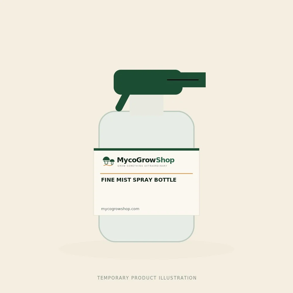 Temporary branded illustration of Fine Mist Spray Bottle with the MycoGrowShop logo printed on its packaging