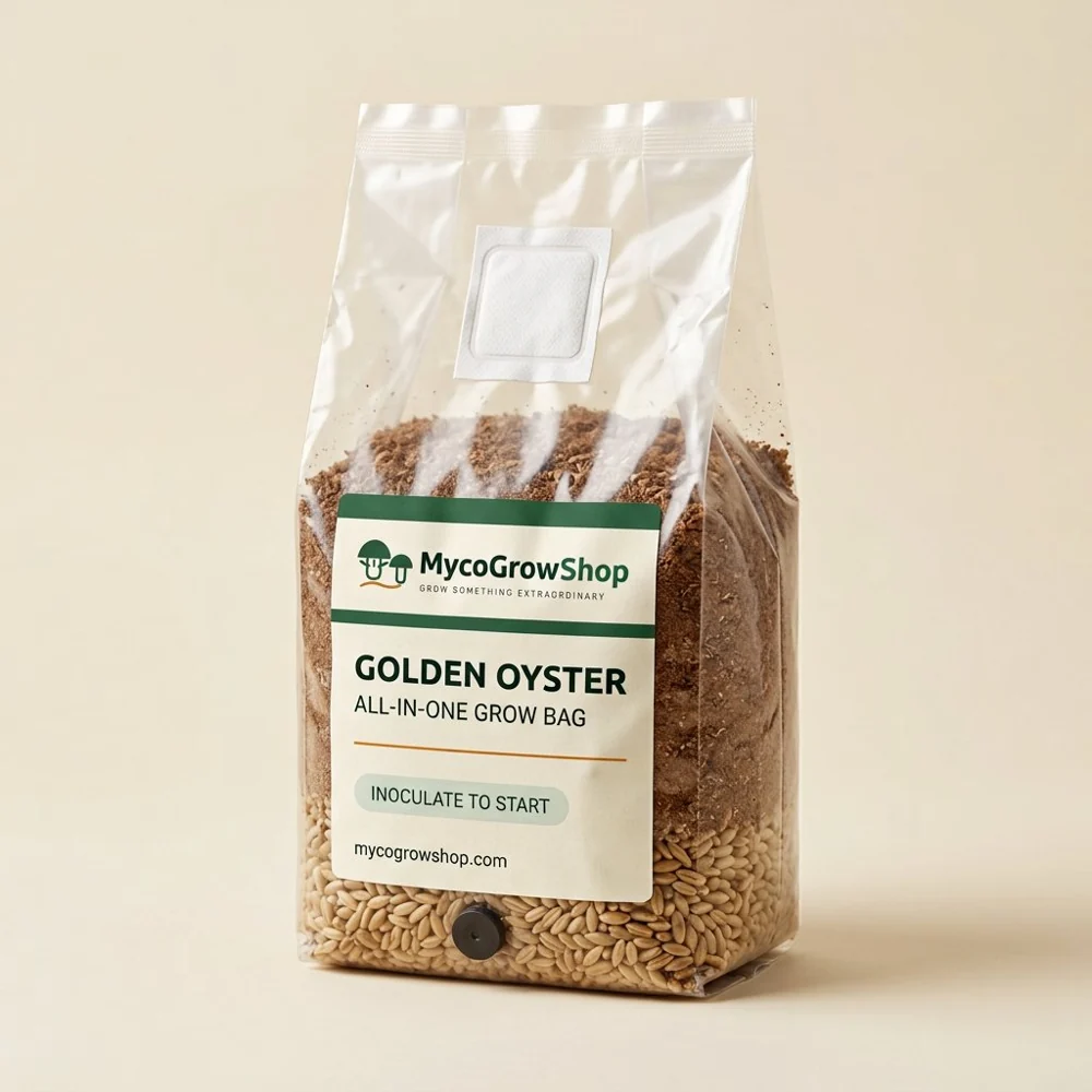 Original product visualization of Golden Oyster All-In-One Mushroom Grow Bag with the MycoGrowShop logo printed on its packaging