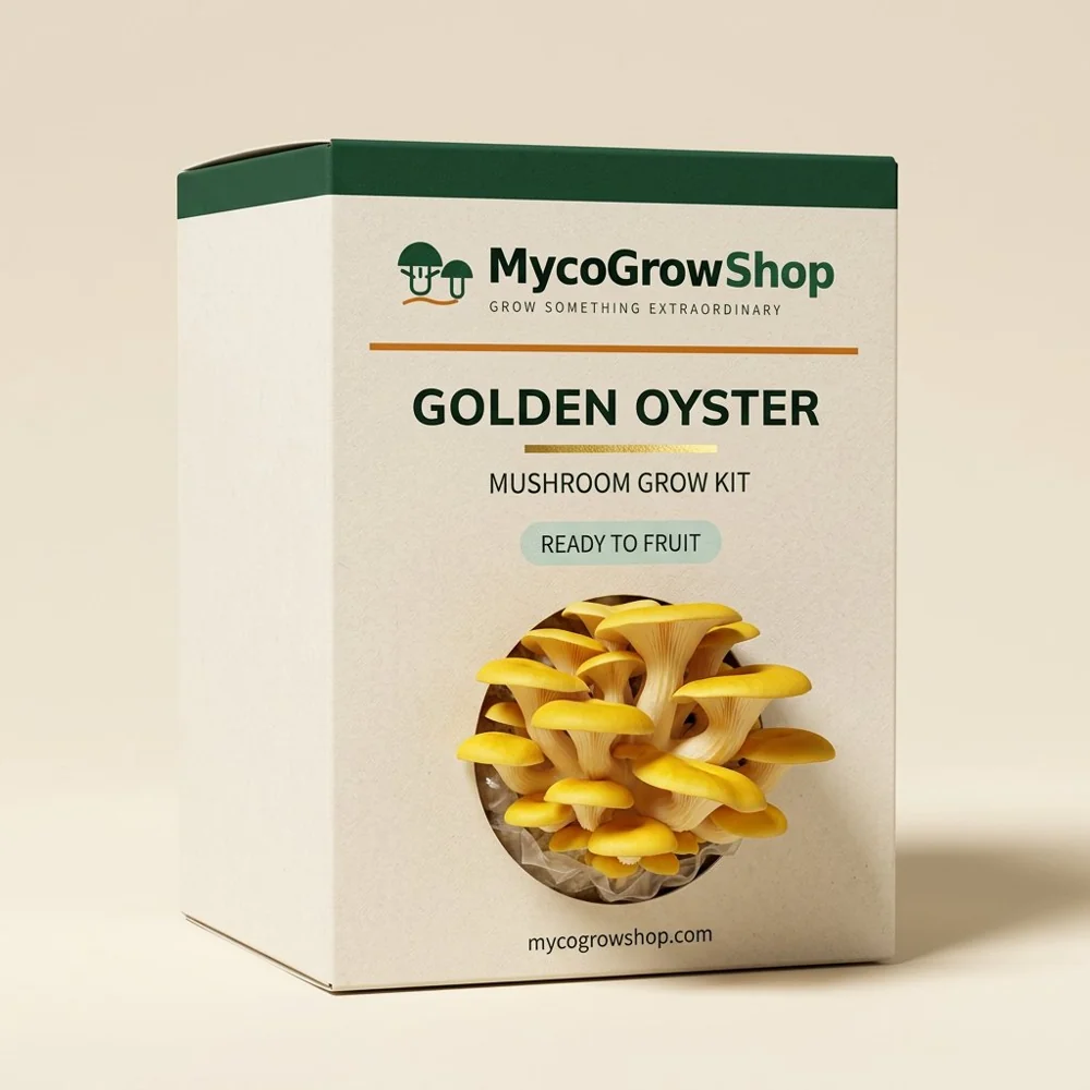 Original product visualization of Golden Oyster Mushroom Grow Kit with the MycoGrowShop logo printed on its packaging