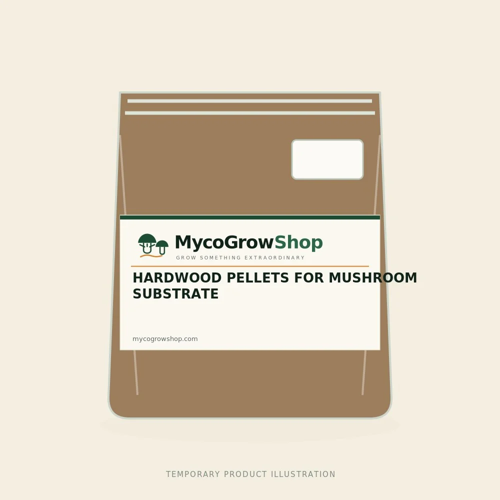 Temporary branded illustration of Hardwood Pellets for Mushroom Substrate with the MycoGrowShop logo printed on its packaging