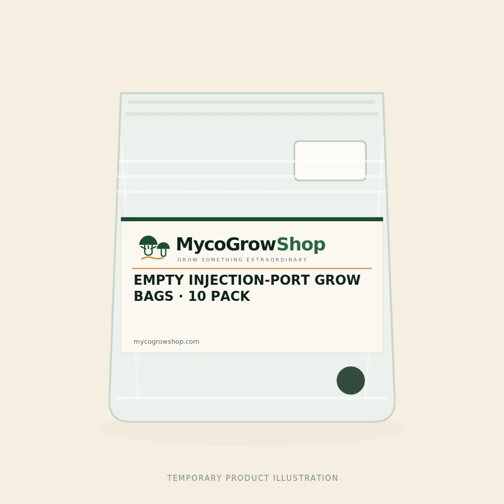 Temporary branded illustration of Empty Injection-Port Grow Bags — 10 Pack with the MycoGrowShop logo printed on its packaging