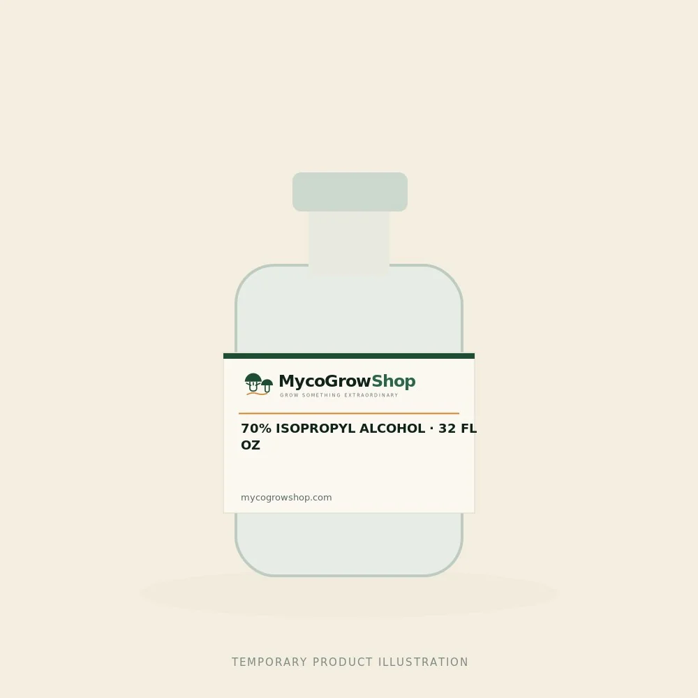 Temporary branded illustration of 70% Isopropyl Alcohol — 32 fl oz with the MycoGrowShop logo printed on its packaging