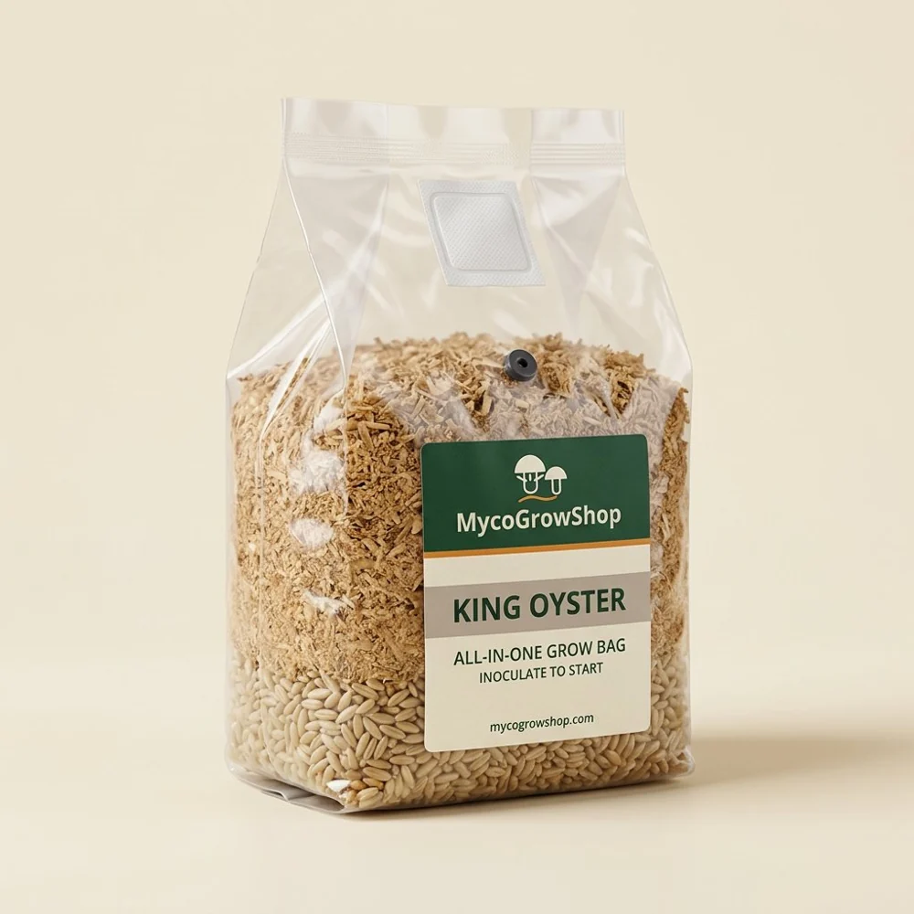 Original product visualization of King Oyster All-In-One Mushroom Grow Bag with the MycoGrowShop logo printed on its packaging