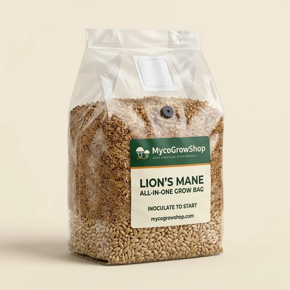 Original product visualization of Lion’s Mane All-In-One Mushroom Grow Bag with the MycoGrowShop logo printed on its packaging