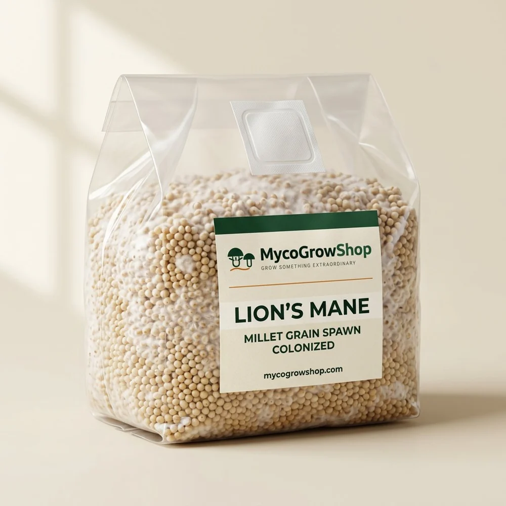 Original product visualization of Lion’s Mane Millet Grain Spawn with the MycoGrowShop logo printed on its packaging