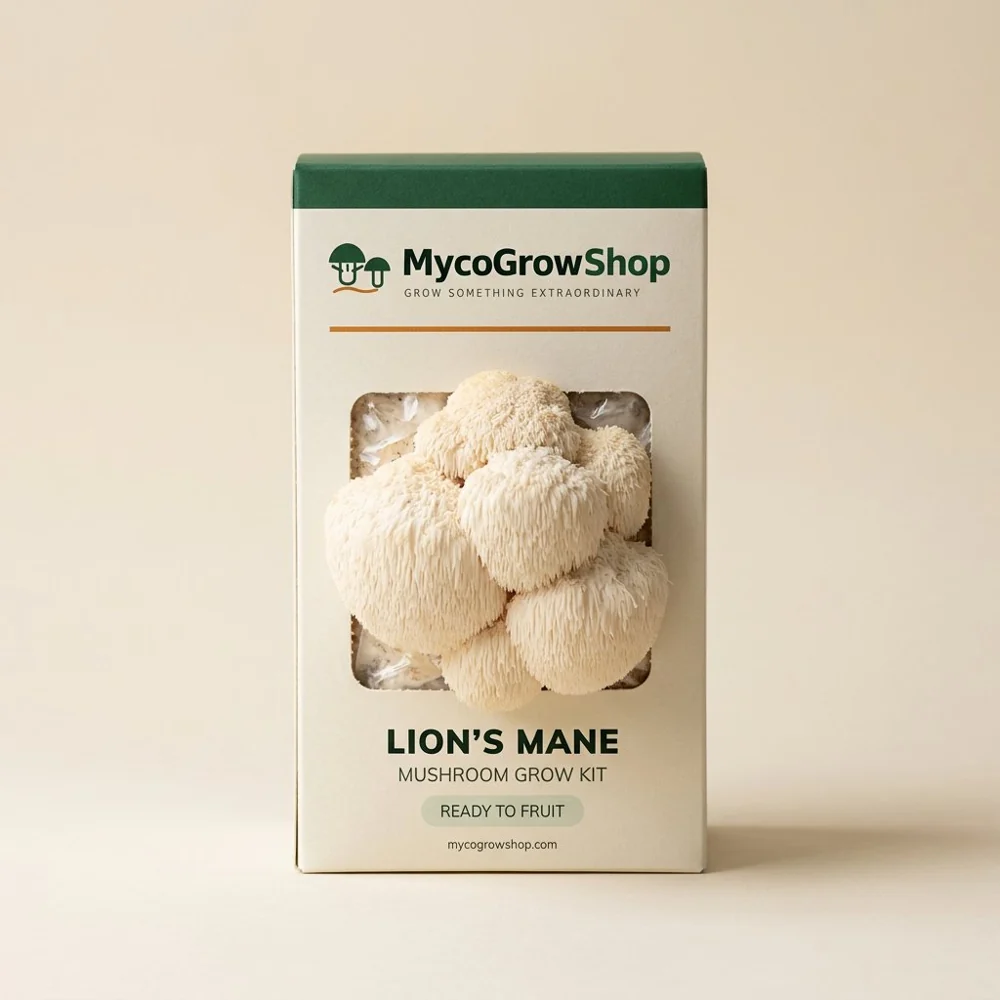 Original product visualization of Lion’s Mane Mushroom Grow Kit with the MycoGrowShop logo printed on its packaging