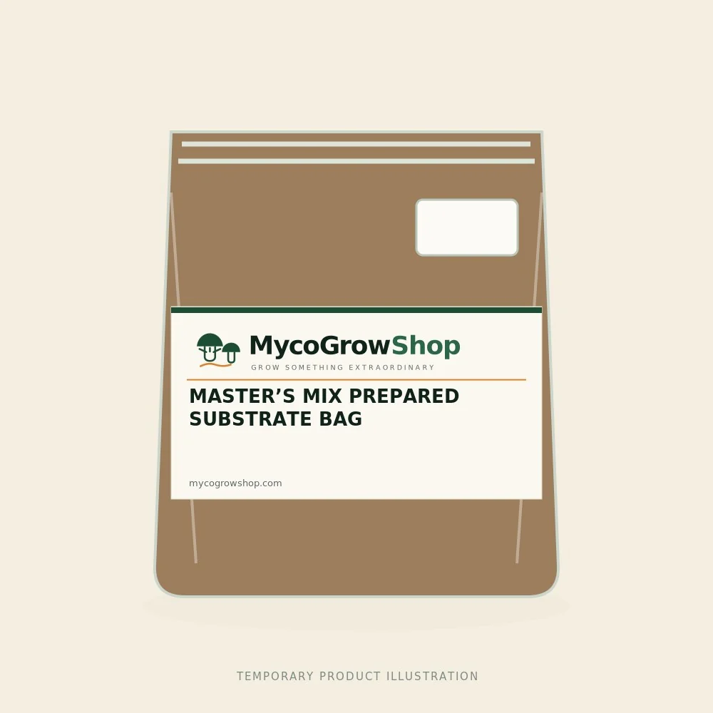 Temporary branded illustration of Master’s Mix Prepared Substrate Bag with the MycoGrowShop logo printed on its packaging