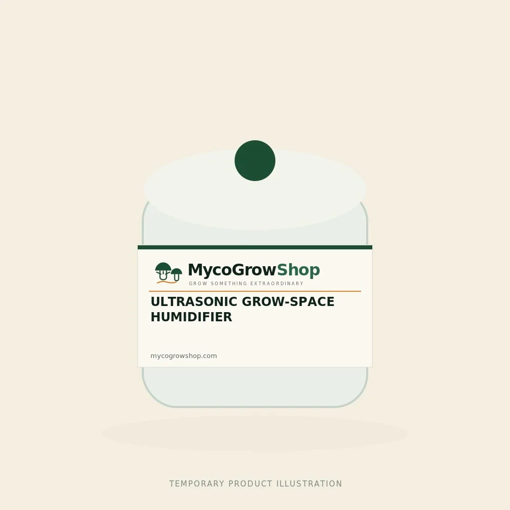 Temporary branded illustration of Ultrasonic Grow-Space Humidifier with the MycoGrowShop logo printed on its packaging