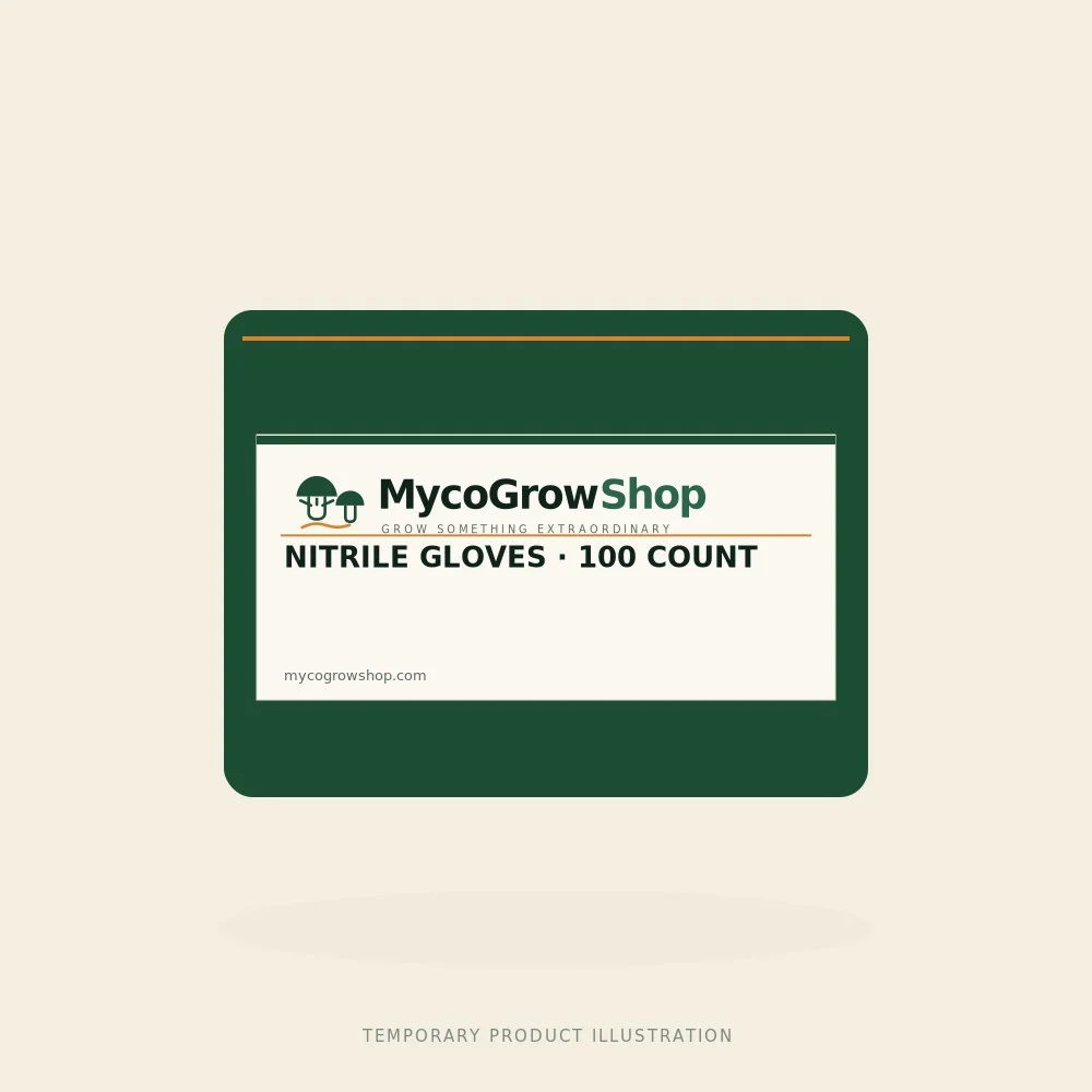 Temporary branded illustration of Nitrile Gloves — 100 Count with the MycoGrowShop logo printed on its packaging