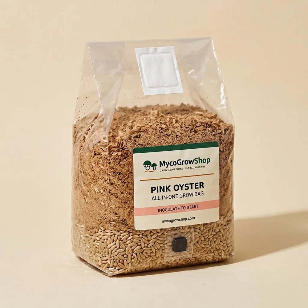 Original product visualization of Pink Oyster All-In-One Mushroom Grow Bag with the MycoGrowShop logo printed on its packaging
