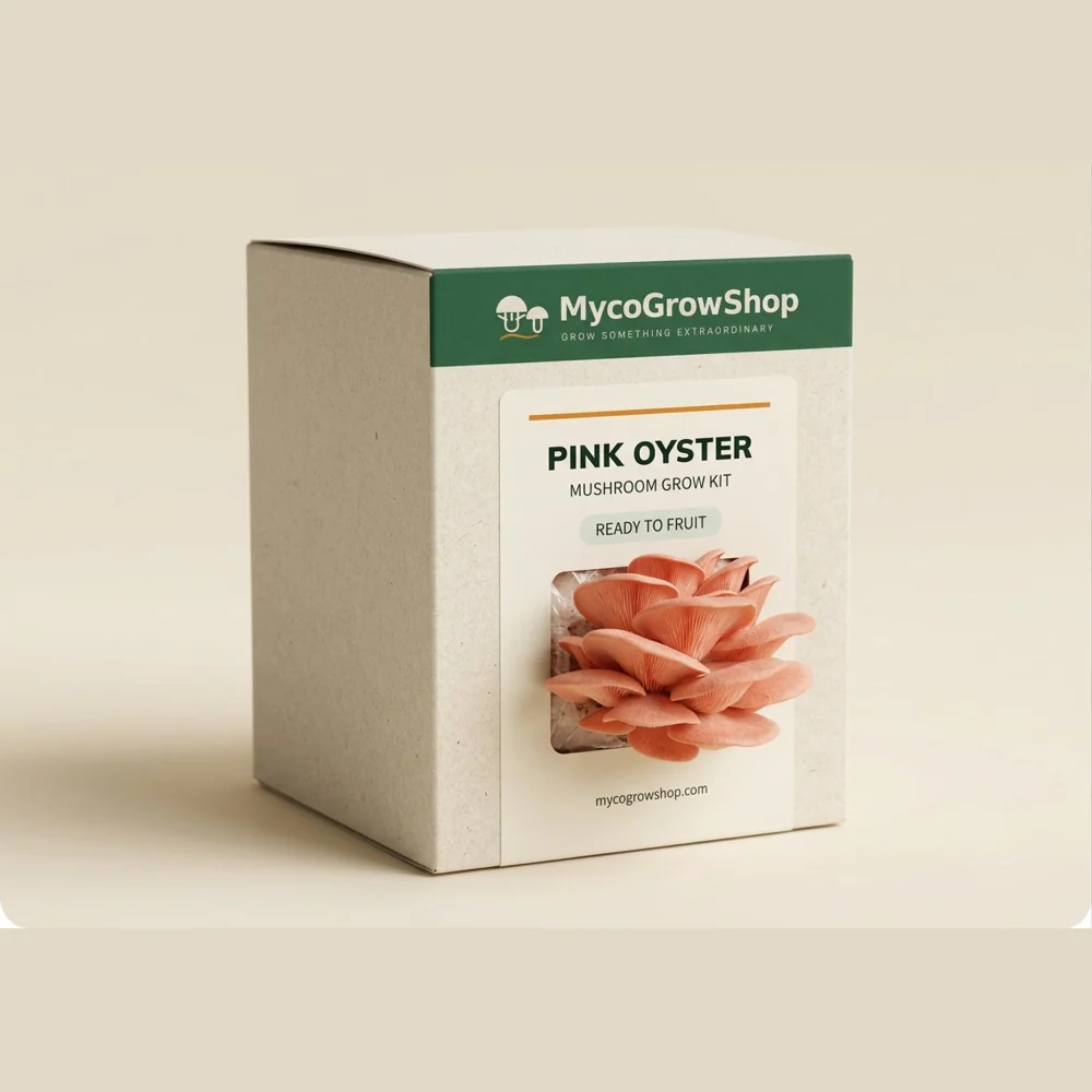 Original product visualization of Pink Oyster Mushroom Grow Kit with the MycoGrowShop logo printed on its packaging