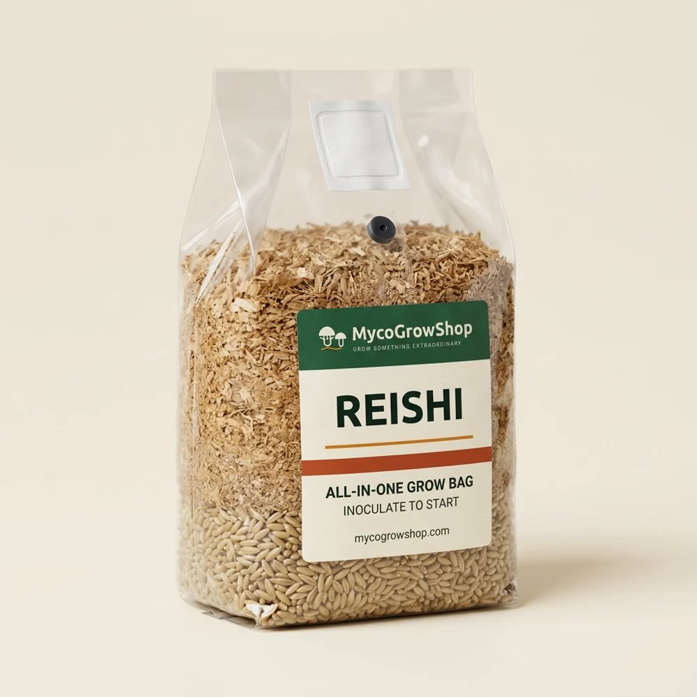 Original product visualization of Reishi All-In-One Mushroom Grow Bag with the MycoGrowShop logo printed on its packaging