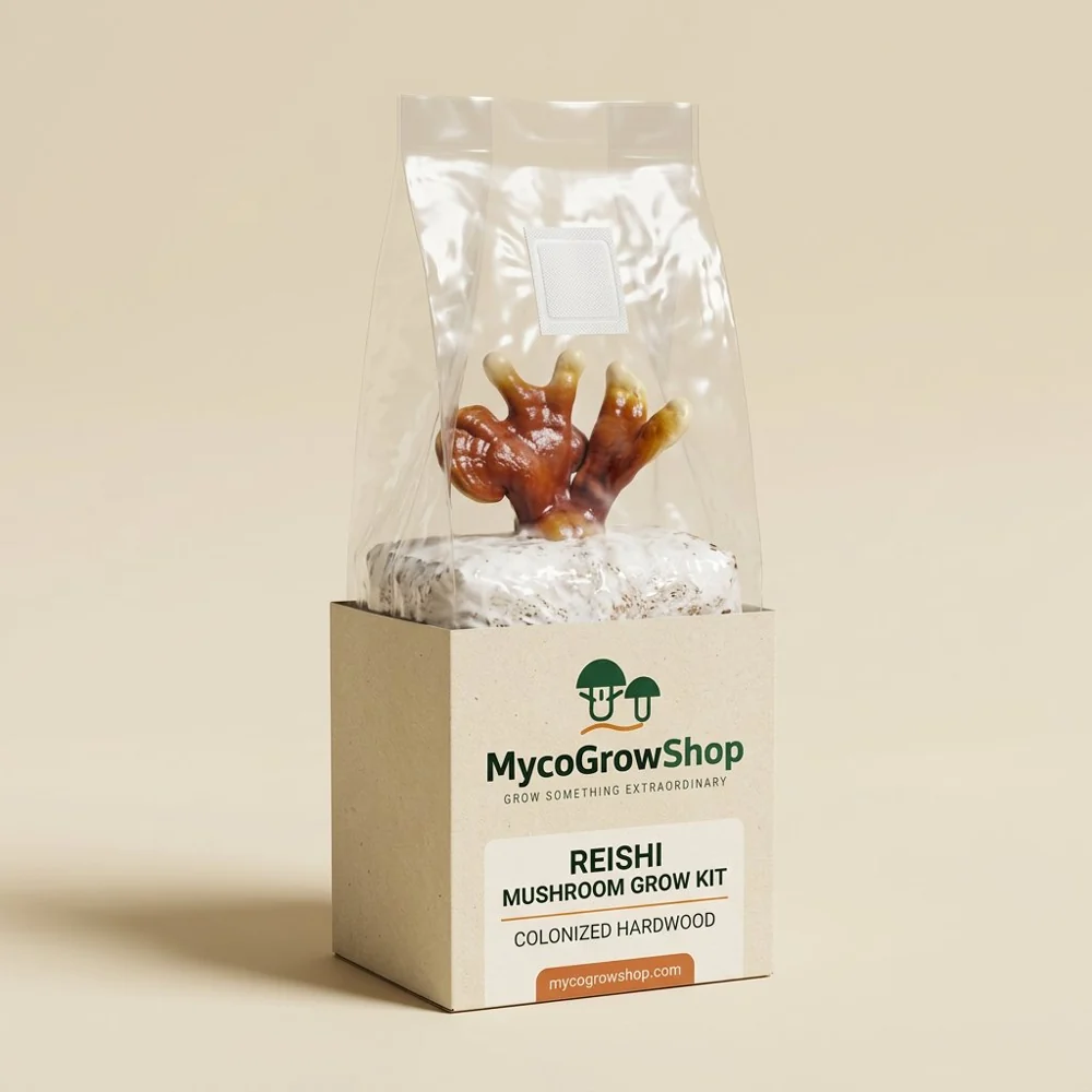 Original product visualization of Reishi Mushroom Grow Kit with the MycoGrowShop logo printed on its packaging