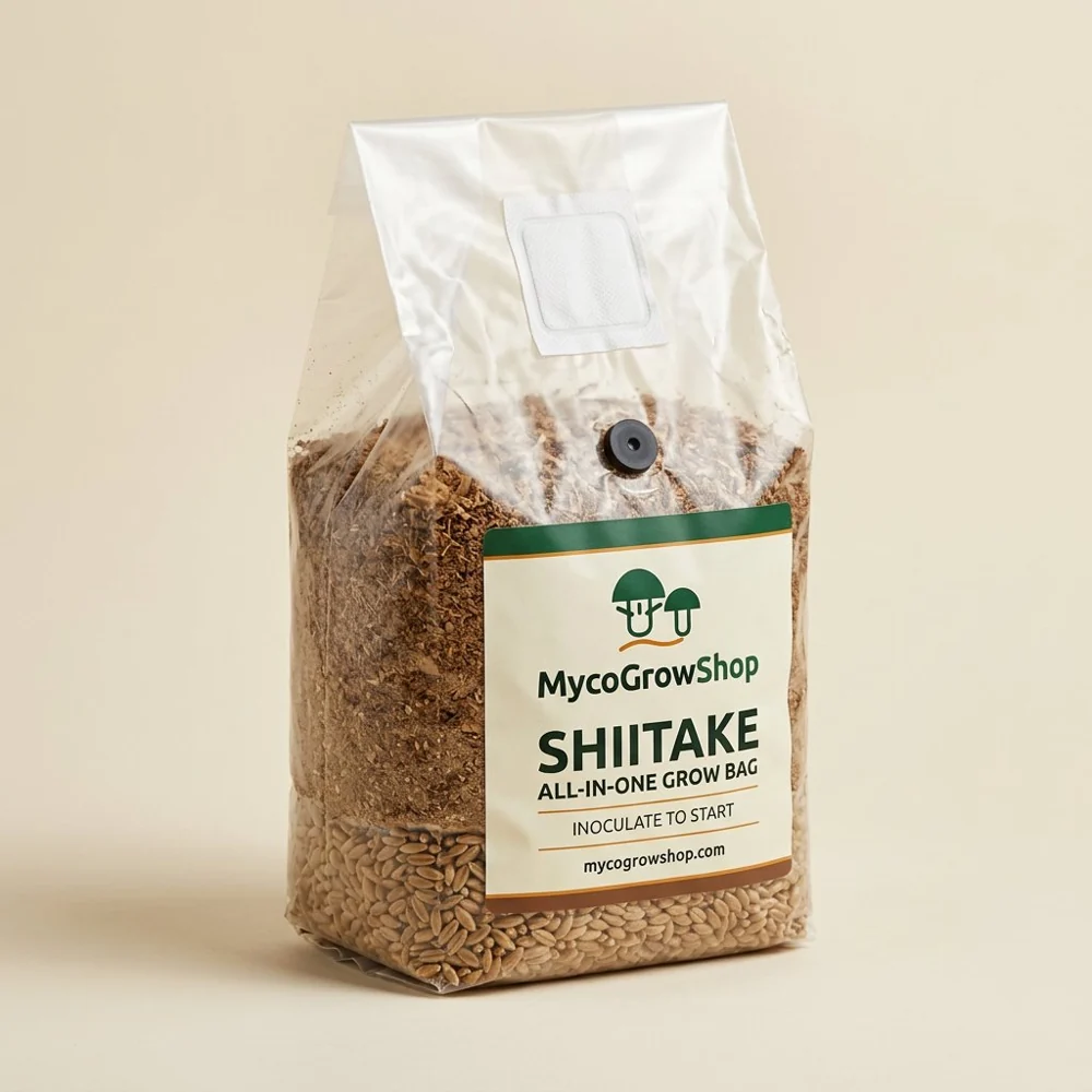 Original product visualization of Shiitake All-In-One Mushroom Grow Bag with the MycoGrowShop logo printed on its packaging