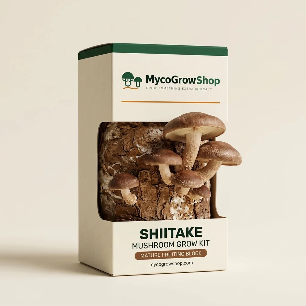 Original product visualization of Shiitake Mushroom Grow Kit with the MycoGrowShop logo printed on its packaging