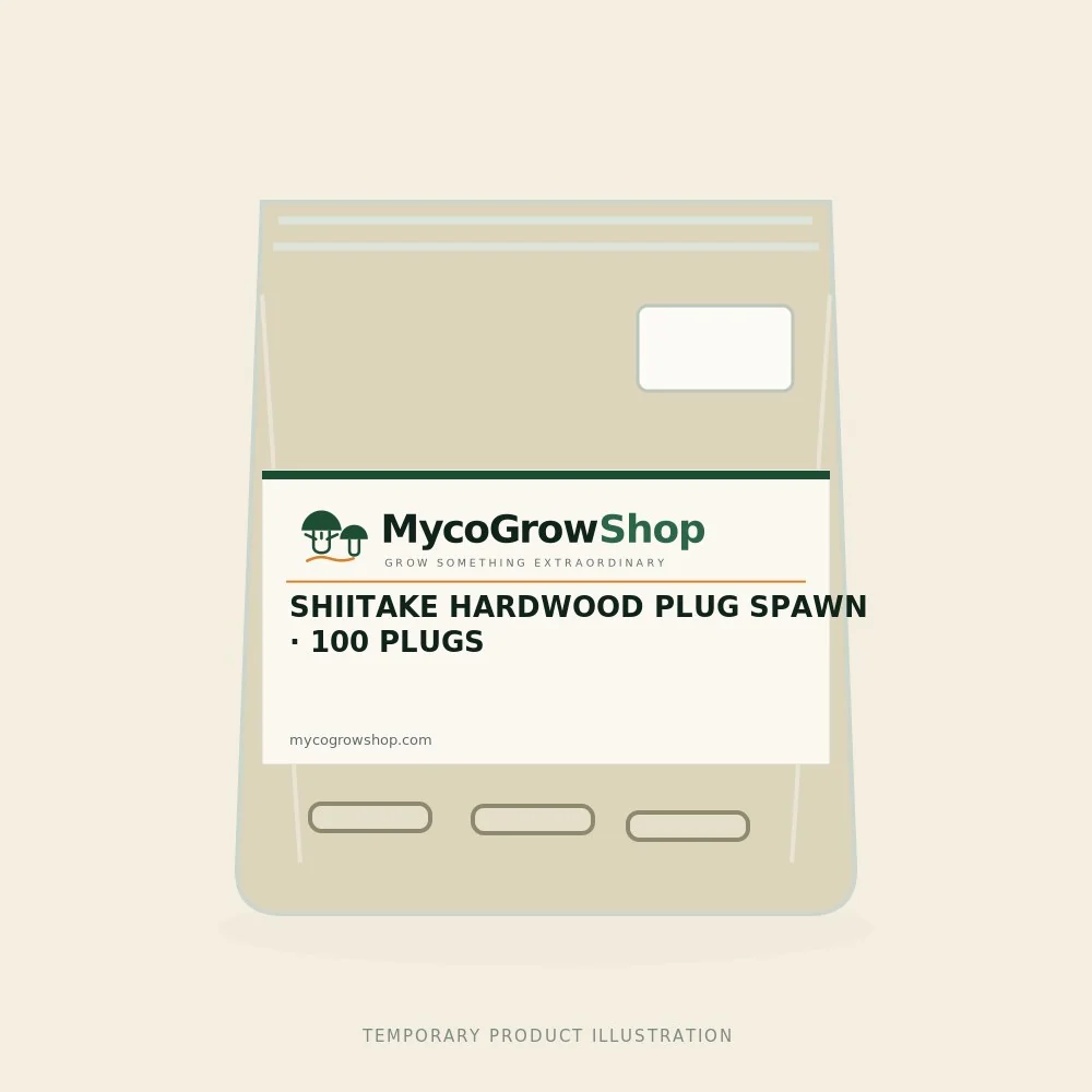 Temporary branded illustration of Shiitake Hardwood Plug Spawn — 100 Plugs with the MycoGrowShop logo printed on its packaging