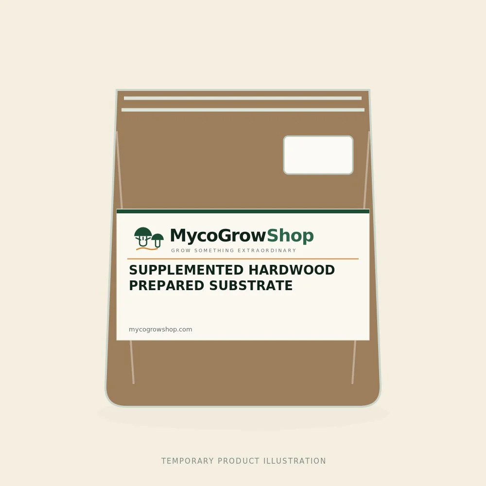 Temporary branded illustration of Supplemented Hardwood Prepared Substrate with the MycoGrowShop logo printed on its packaging